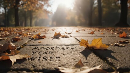 Autumn Path Another Year Wiser Inspirational Quote Stone Engraving.