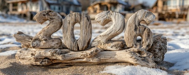 Eco-Friendly and Sustainable New Year Eve Party, reclaimed driftwood forming 2026 numbers on snow-covered coastal sand with rustic winter calm, embracing nature-based holiday styling and minimalist