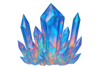 Iridescent fantasy crystal cluster glowing with vibrant blue and rainbow light, creating a magical ethereal effect on transparent background