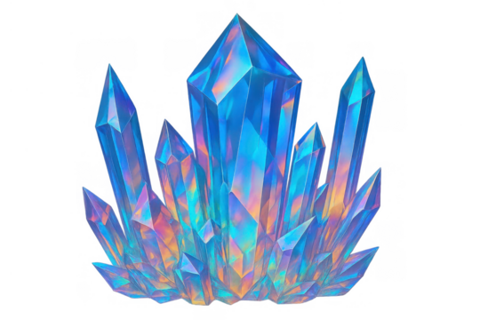 Iridescent fantasy crystal cluster glowing with vibrant blue and rainbow light, creating a magical ethereal effect on transparent background
