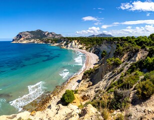 A coastal landscape features clear turquoise water lapping on a sandy beach below high cliffs with green vegetation