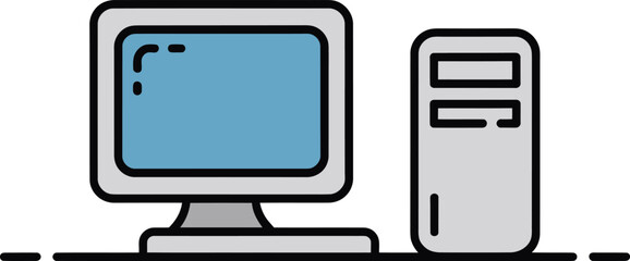 Desktop Computer Monitor and CPU Tower Setup Cartoon Vector illustration