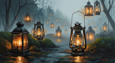 Enchanting Forest Lanterns Glowing in Misty Atmosphere.
