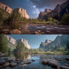 Photo pair of mountains and lakes and trees 