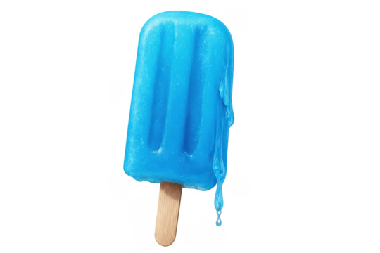 Blue fruit popsicle melting in summer heat, sweet cold frozen dessert treat dripping, transparent background