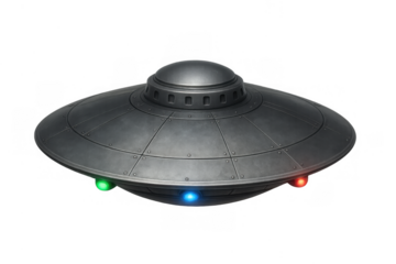 Flying saucer hovering with lights and transparent background, extraterrestrial discovery or science fiction concept