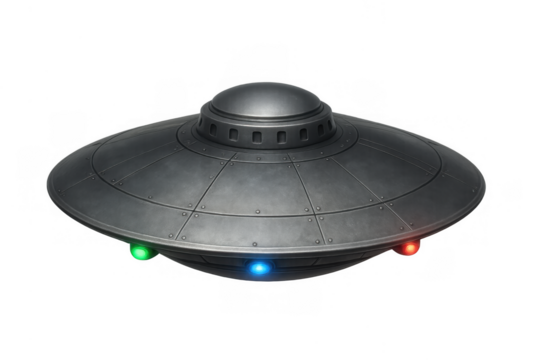 Flying saucer hovering with lights and transparent background, extraterrestrial discovery or science fiction concept