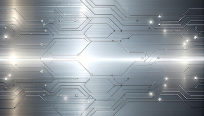 Abstract metallic background with glowing circuit board patterns and light reflections, symbolizing technology and data.