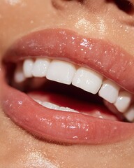 Macro of bright white teeth combined with hydrated glossy lips for a fresh clean look.