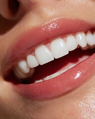 Macro of bright white teeth combined with hydrated glossy lips for a fresh clean look.