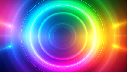 Vibrant abstract background with glowing concentric rainbow light circles and colorful lens flares.