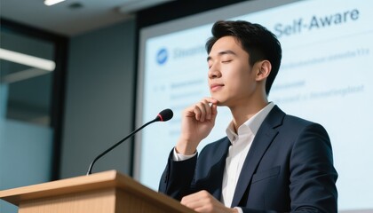 emotional intelligence leader concept. A speaker presenting confidently at a business event.