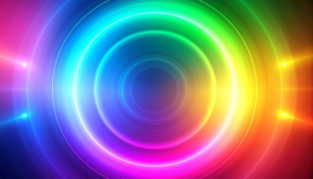 Vibrant abstract background with glowing concentric rainbow light circles and colorful lens flares.