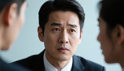 emotional intelligence leader concept. Focused man engaged in a serious conversation with two others.