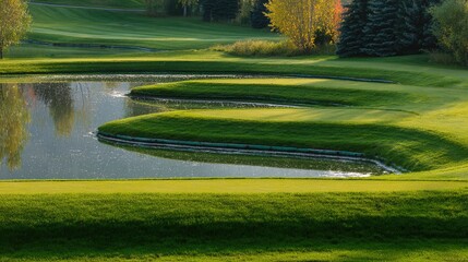 oligarchy. A golf course with manicured grass and water hazards under a sunny sky. event key visuals, club posters, designed for sports event promotions and stadium branding, drives event promotion.