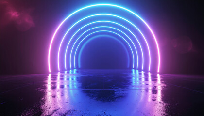 Abstract futuristic tunnel with glowing neon light arches in vibrant blue and pink colors reflecting on a wet surface.