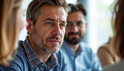 emotional intelligence leader concept. Focused man in a meeting, engaged in conversation with others.