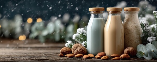 Holistic and Sustainable Lifestyle Resolution, almond, oat, and cashew milk in reusable glass bottles on rustic wood with snow and floral decor, promoting seasonal dairy-free wellness and eco-friendly