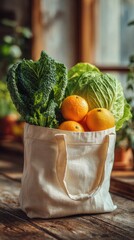 Holistic and Sustainable Lifestyle Resolution, reusable cloth bag filled with fresh oranges, lettuce, and cabbage on rustic wood table, showcasing zero-waste grocery habits and mindful produce choices