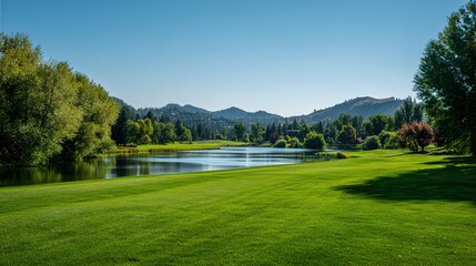 oligarchy. A golf course with manicured grass and water hazards under a sunny sky. event key visuals, club posters, designed for sports event promotions and stadium branding, drives event promotion.