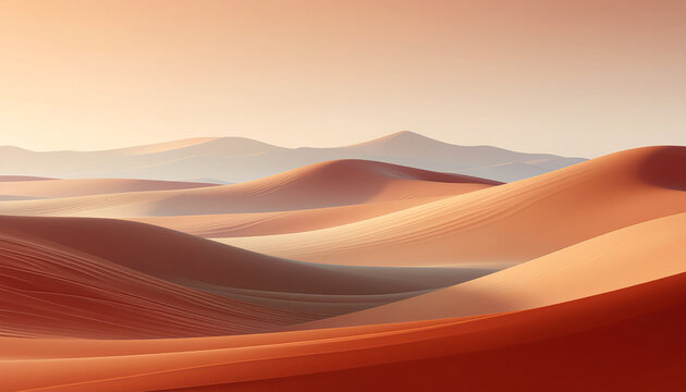Vast desert landscape with undulating sand dunes under a warm, clear sky at sunrise or sunset.