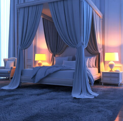 Luxurious Canopy Bed in Elegant Blue Bedroom with Draped Curtains and Soft Lighting