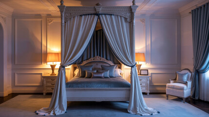 Luxurious Canopy Bed in Elegant Blue Bedroom with Draped Curtains and Soft Lighting