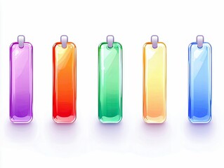 A row of five colorful, translucent, rectangular tags with rounded tops and loops for hanging, displayed against a white background.
