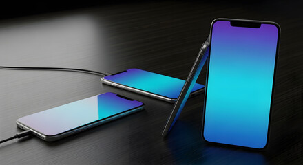 Three modern smartphones displaying vibrant gradient screens, with one connected for charging, on a dark textured surface.