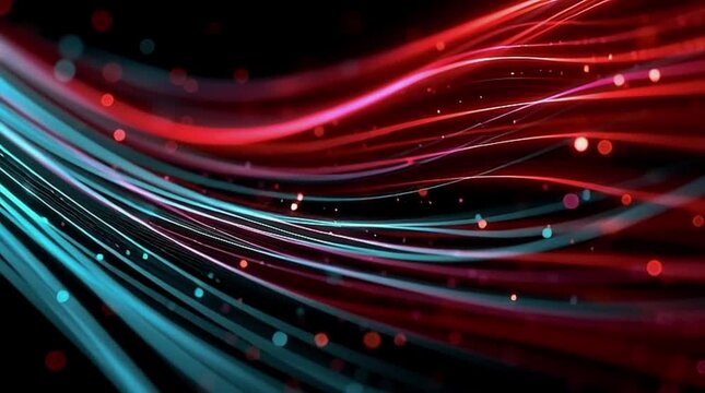 Abstract digital animation featuring flowing neon lines and glowing particle trails moving smoothly across a dark background