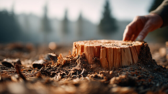 Deforestation Crisis Concept Close-up of a freshly cut tree stump in a cleared forest area, symbolizing environmental destruction and the urgent need for conservation efforts