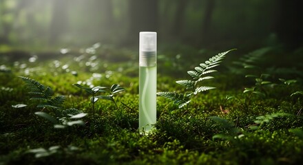 Mystical Elixir: A single cosmetic bottle, filled with a rejuvenating essence, stands gracefully amidst lush green moss and ferns, symbolizing natural beauty and purity.