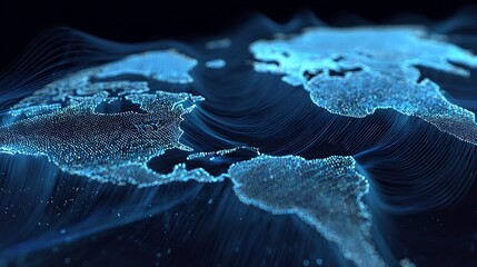 A multi-layered data network overlays a global map, like a large enterprise system.