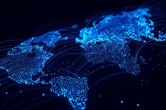 A glowing pixelated world map with pulsed bright dots connecting to lines indicating the flow of information. - Powered by Adobe