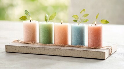 A decorative arrangement of five pastel colored pillar candles, each adorned with a small green leaf, sits on a rustic wooden tray.