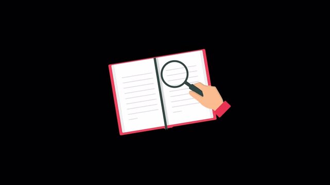 Animated Hand Holding Magnifying Glass With Book. Research and Learning Concept Video - Transparent