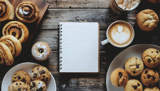 Overhead view of delicious baked goods and a notebook for recipes