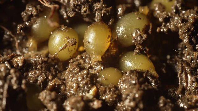 Composting worm farm, like red wigglers, lay eggs in cocoons, which are small, yellow to amber-colored capsules