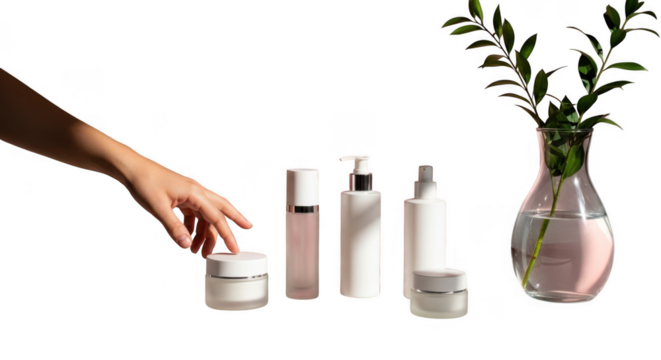 Elegant skincare products with hand and plant isolated on transparent background