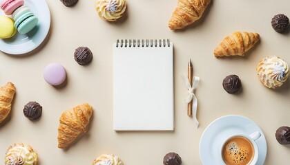 Delicious Assortment of Pastries and Sweets with a Notepad and Coffee
