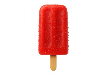 Red ice pop on a stick with condensation, offering a refreshing sweet frozen dessert for cooling summer days