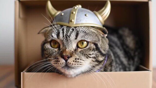 Cute Scottish Fold Cat Wearing Viking Helmet in Cardboard Box.