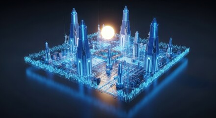 futuristic cityscape with glowing skyscrapers and setting sun digital illustration