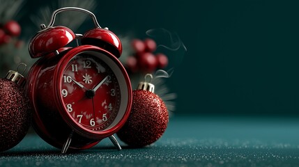 A red glossy alarm clock surrounded by glitter ornaments on dark green surface. Classic Christmas countdown concept symbolizing celebration, holiday time, and new year theme