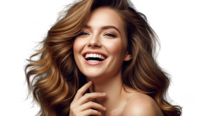 Happy smiling woman with wavy hair laughing joyfully isolated on transparent background