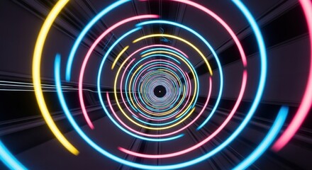 Futuristic Tunnel with Colorful Neon Light Circles Creating Depth and Motion Ambiance