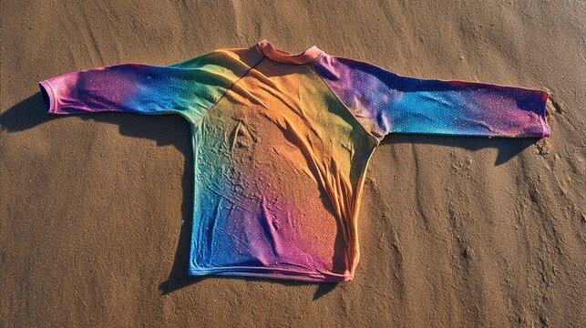 rashguard. Neon surf rashguard laid flat on wet sand, material stretched. lifestyle magazines, social media lookbooks, designed for lifestyle magazines and social media content.