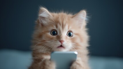 A ginger kitten holding a smartphone with surprised eyes. Digital life, technology use and playful curiosity, danger internet. Gadget addiction, Cybercrime and child safety 