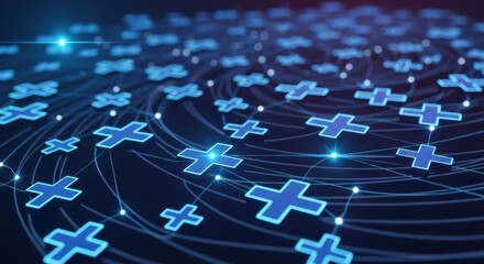 futuristic digital network with interconnected glowing plus signs embodying technology and