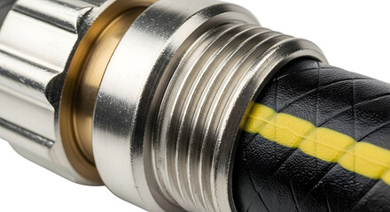 Close-up of a Hose Connector Showing Threads and Texture with Water Flowing in Background